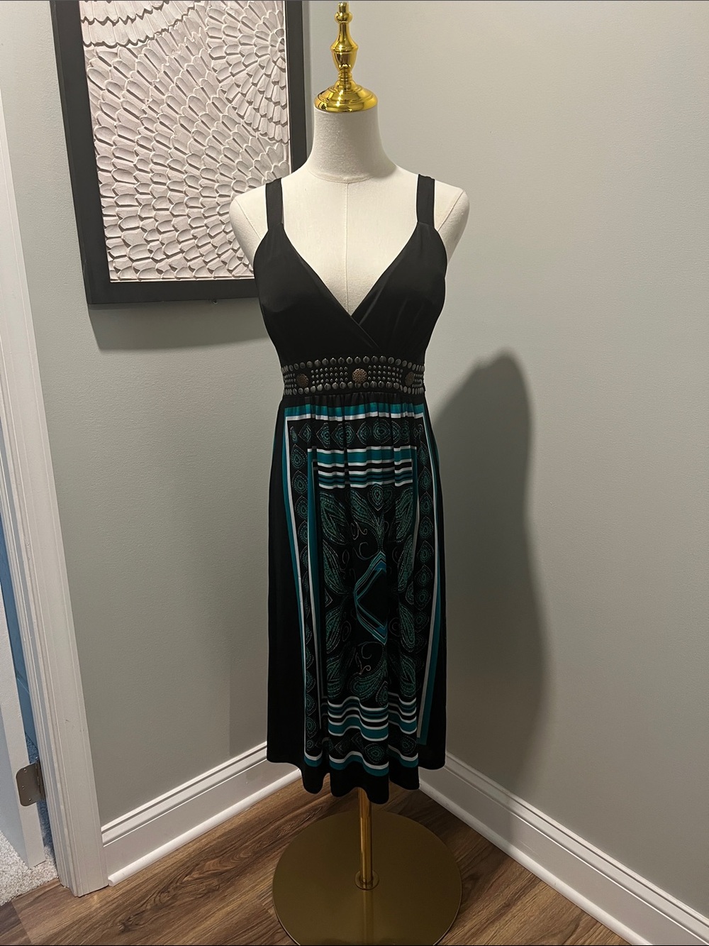 Magic Black Midi Dress with Teal Patterned Skirt